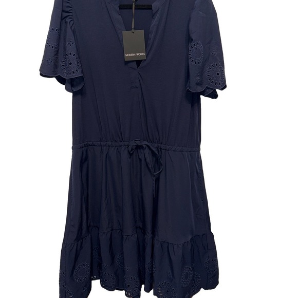 Modern Works Dresses & Skirts - Modern Works Women's Dress Navy Coastal Preppy Puff Sleeve Eyelet Plus Size 1X